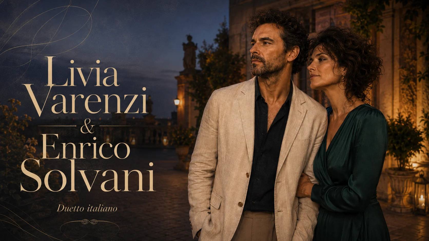Livia Varenzi and Enrico Solvani together in an Italian courtyard at dusk
