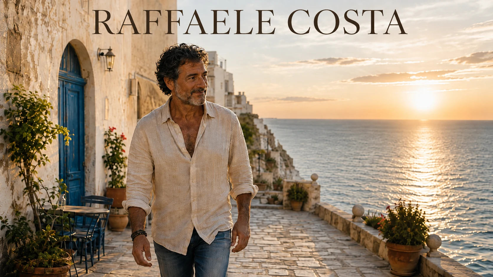 Raffaele Costa walking through a Mediterranean coastal town at sunset