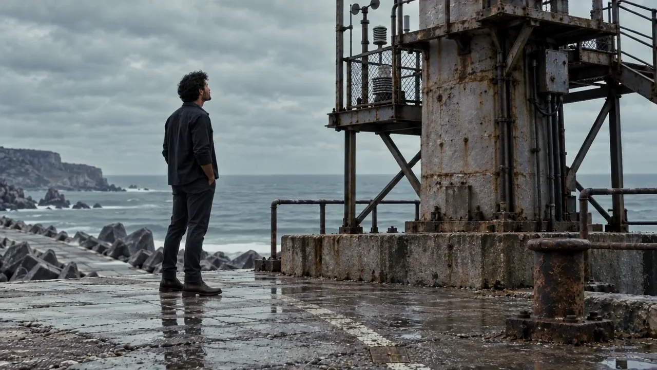 Matteo Bellini — Il punto esatto video preview, standing by a weathered beacon on the pier
